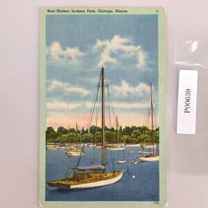 Boat Harbor Jackson Park Chicago IL 1930s Linen Postcard Unposted Sail Lake